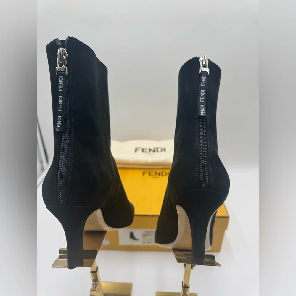 Fendi Black Suede Ankle Boots Logo Zip Heel Booties NWT Box IT 35 - Picture 6 of 17